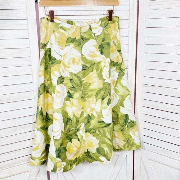 Premise Floral Roses Linen Blend A Line Flare Midi Skirt Lime Green Yellow 4 - Picture 9 of 13